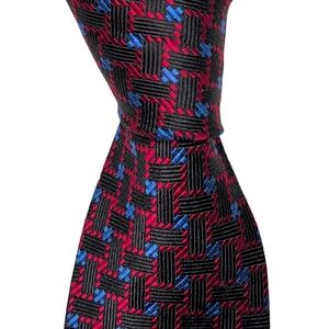 XMI Platinum Silk Necktie Men's Black Red Blue Geometric Designer Tie EUC